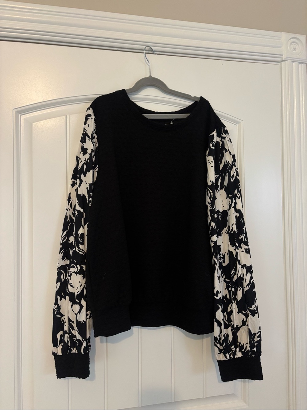Anthropologie Black Top with Black & White Floral Balloon Sleeves